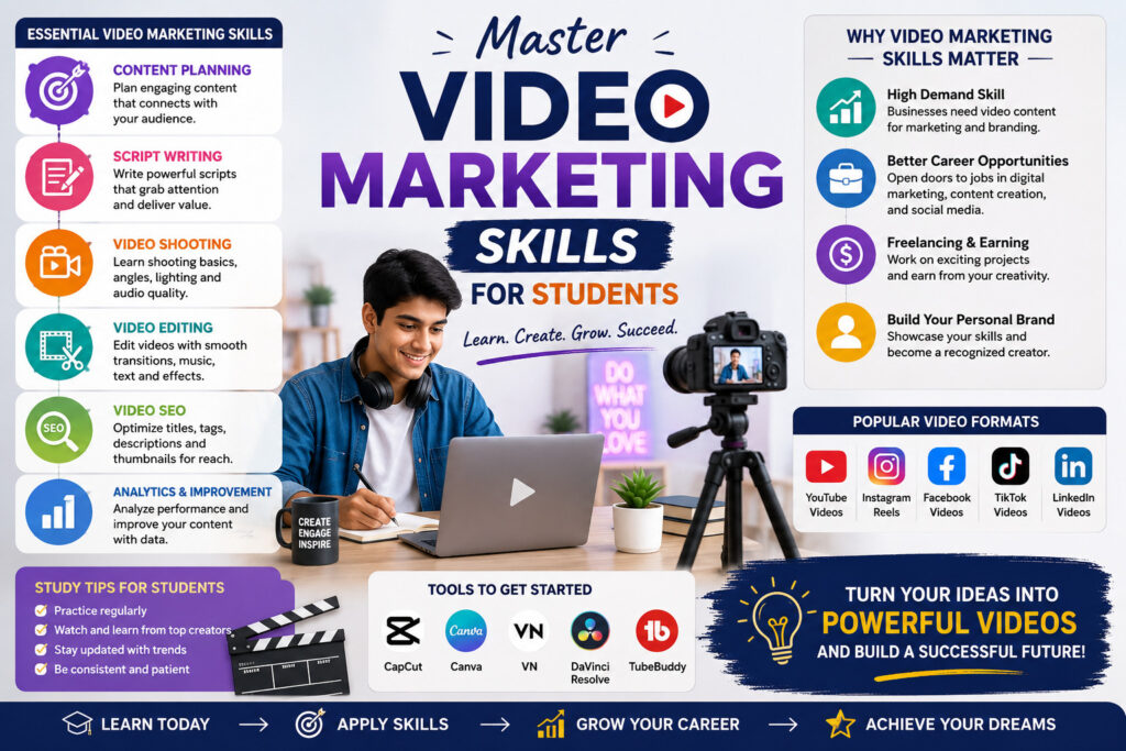 Student learning video marketing skills.
